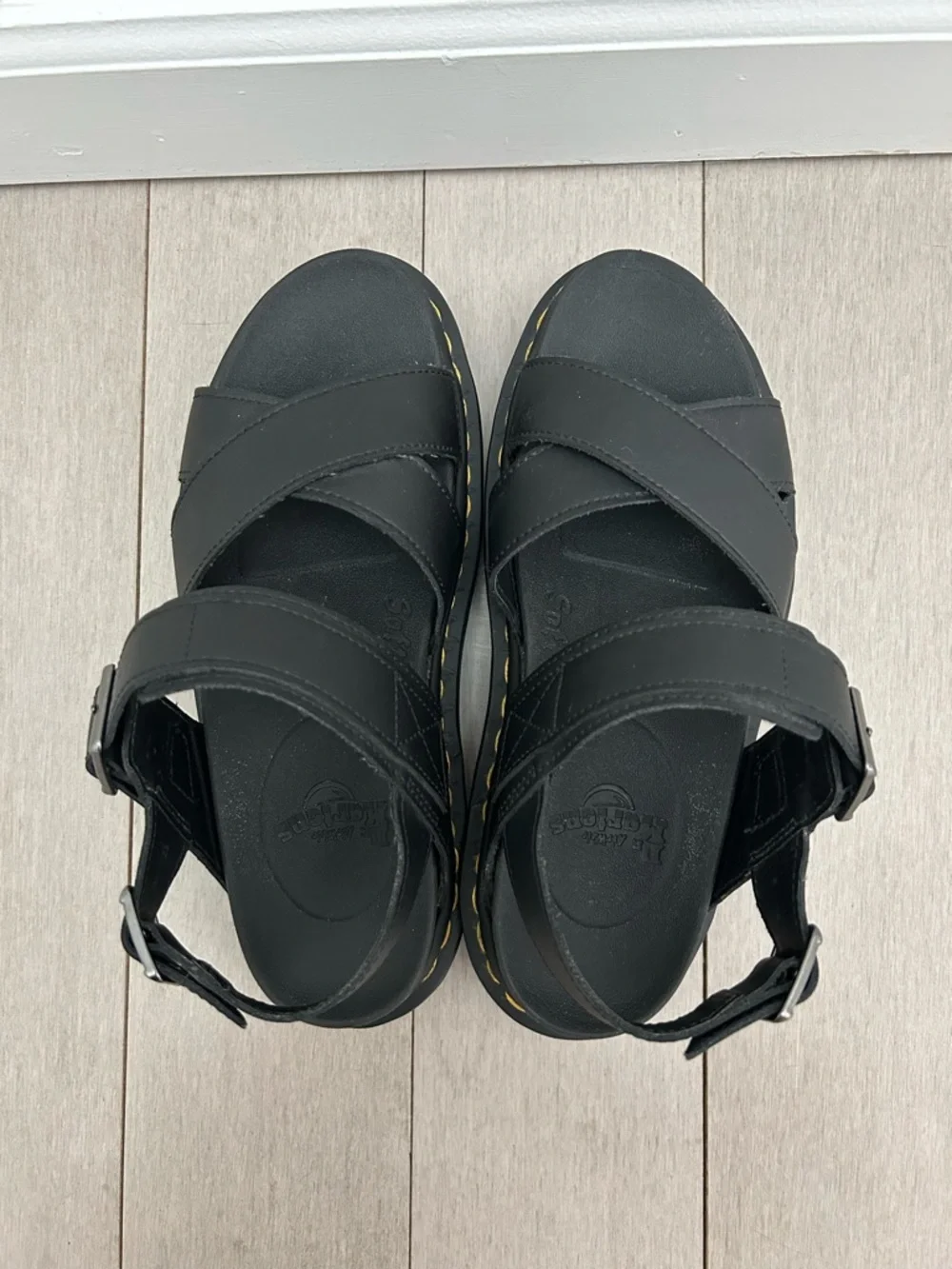 Dr. Martens Black Platform Crisscross Sandals with Yellow Stitching